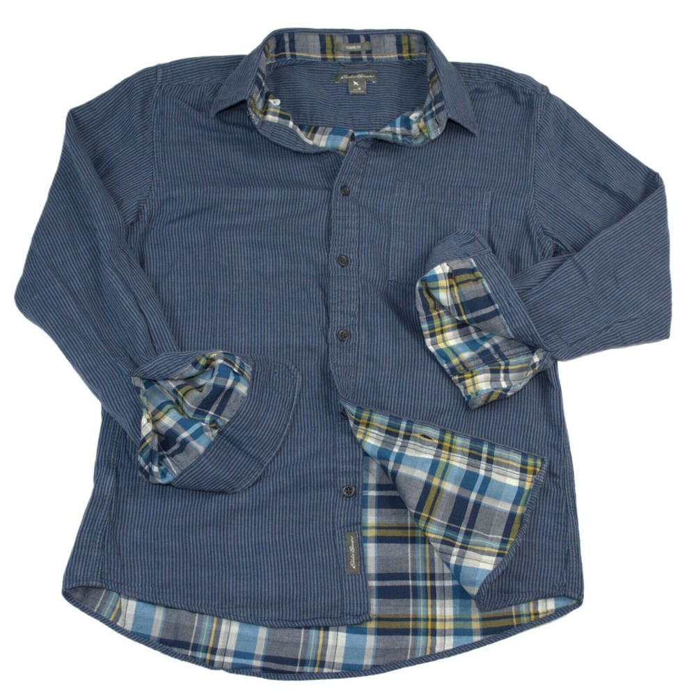 Eddie Bauer Classic Fit Button‎ Down Blue Striped Plaid Lined Shirt Men's M